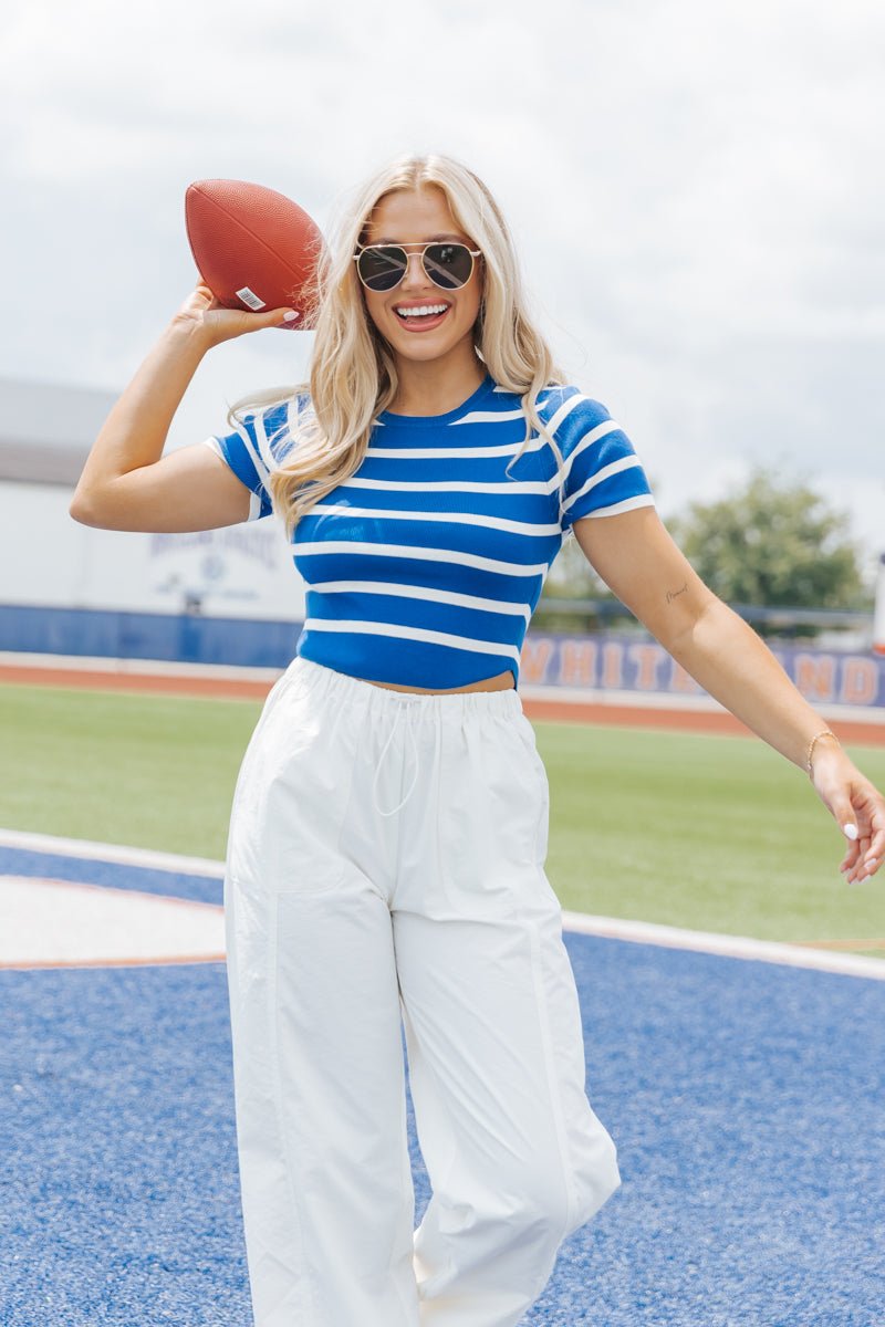 Blue and White Striped Cropped Sweater - Magnolia Boutique