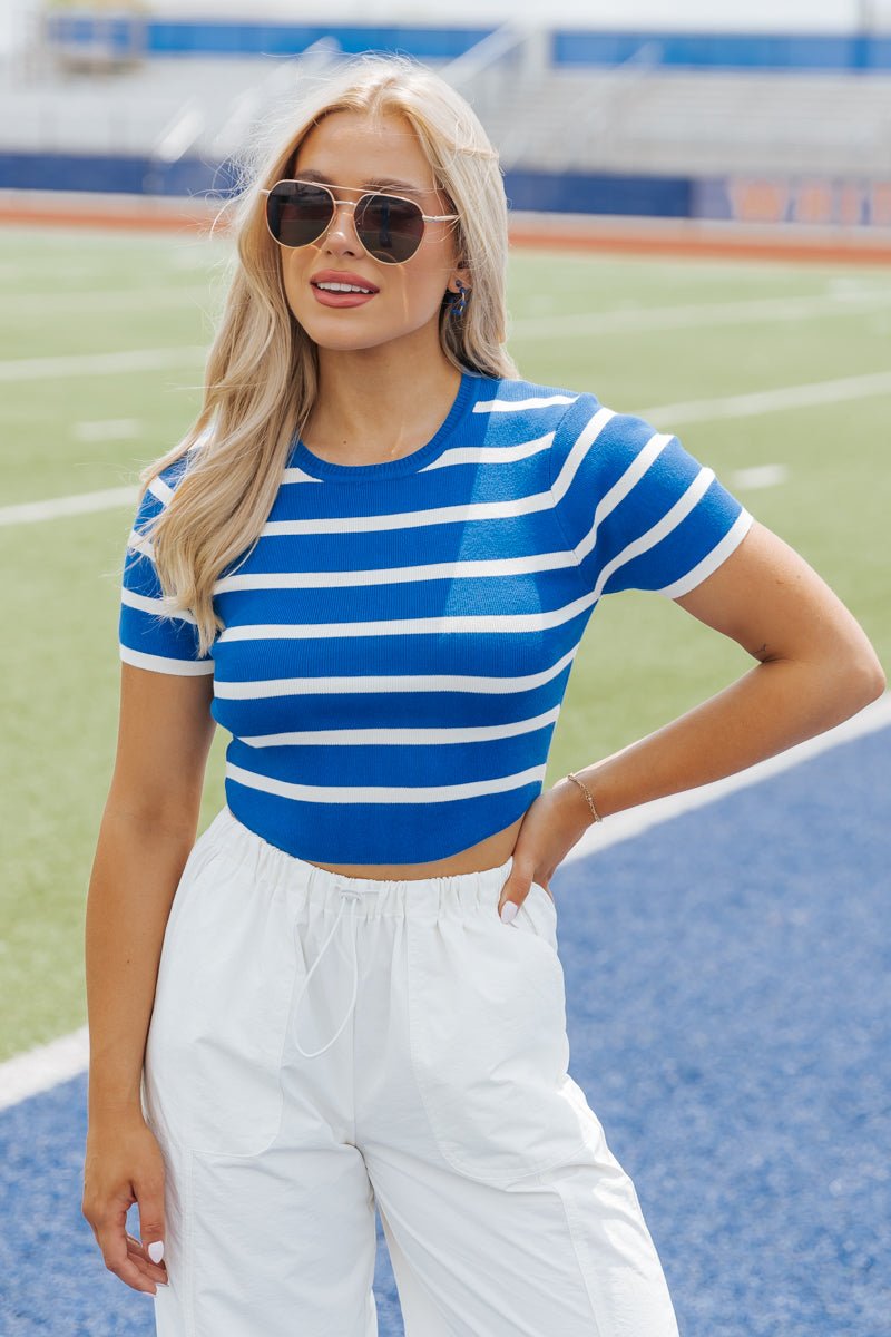 Blue and White Striped Cropped Sweater - Magnolia Boutique