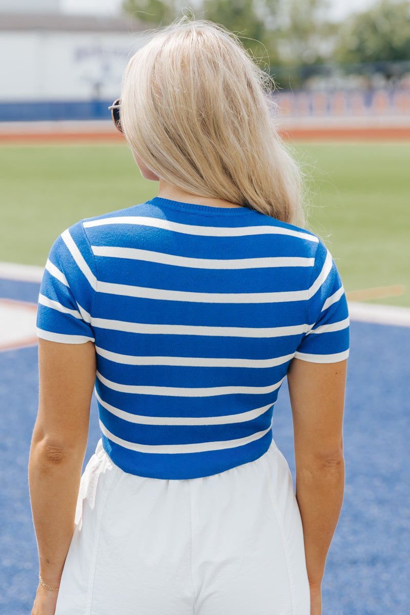 Blue and White Striped Cropped Sweater - Magnolia Boutique