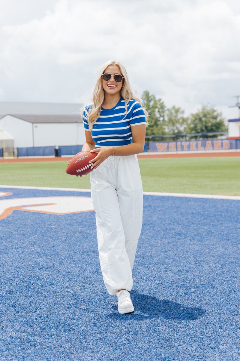 Blue and White Striped Cropped Sweater - Magnolia Boutique