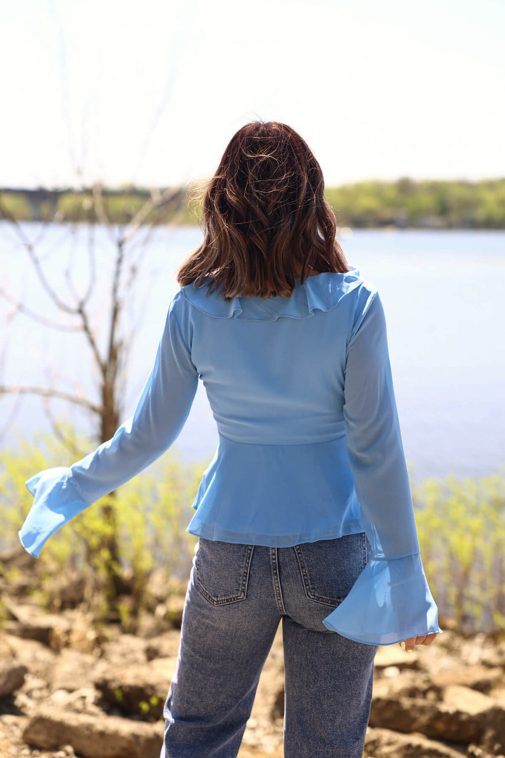 Blue Coastal Charm Ruffle Detail Blouse - Magnolia Boutique