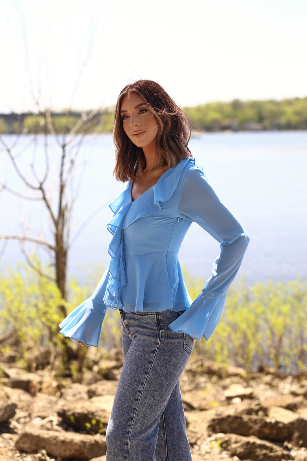 Blue Coastal Charm Ruffle Detail Blouse - Magnolia Boutique