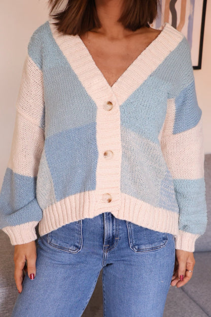 Blue Color Block Ribbed Cardigan - Magnolia Boutique