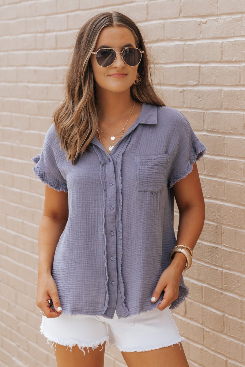 Blue Grey Short Sleeve Button Down Shirt - Magnolia Boutique