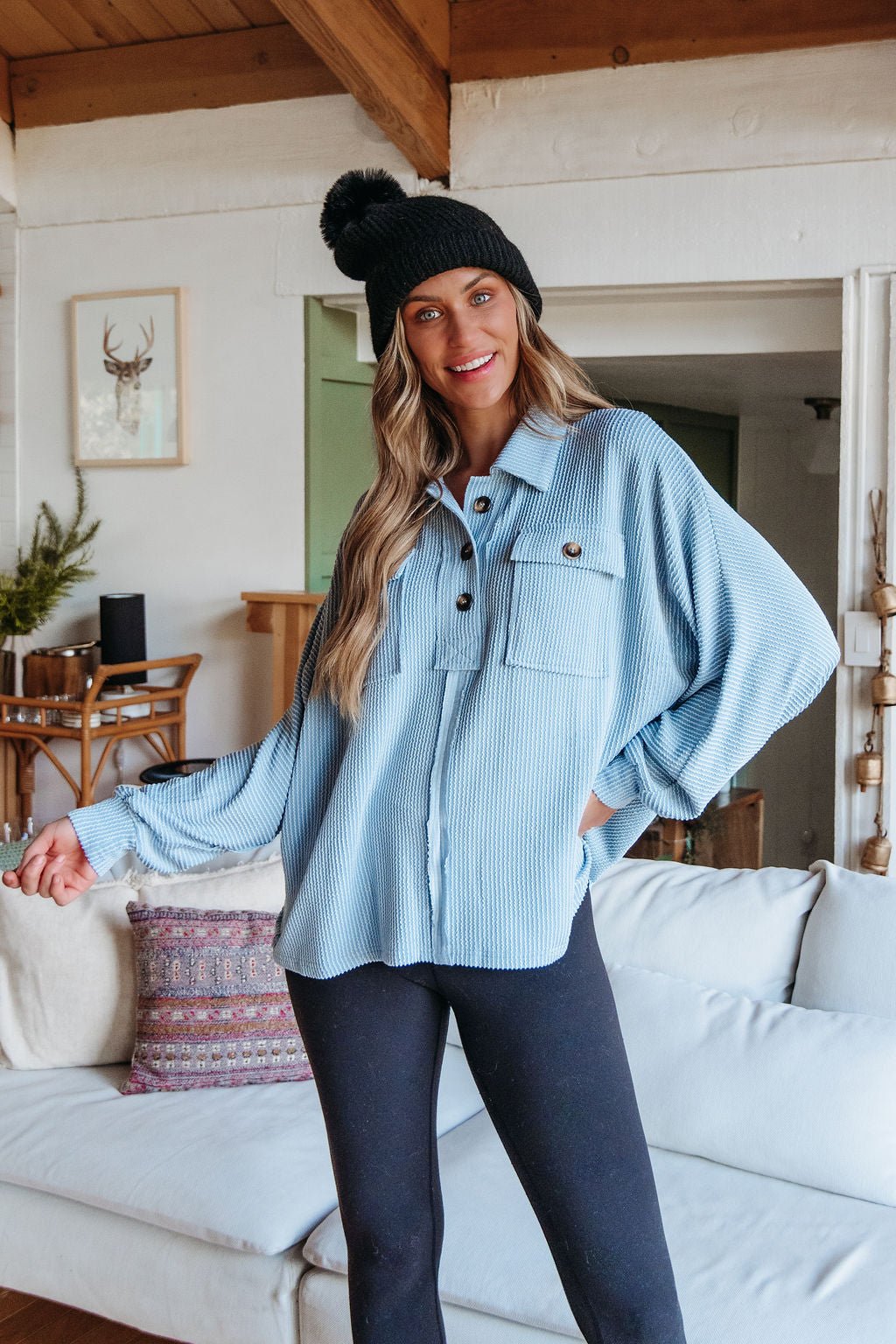 Blue Half Button Up Ribbed Pullover - Magnolia Boutique