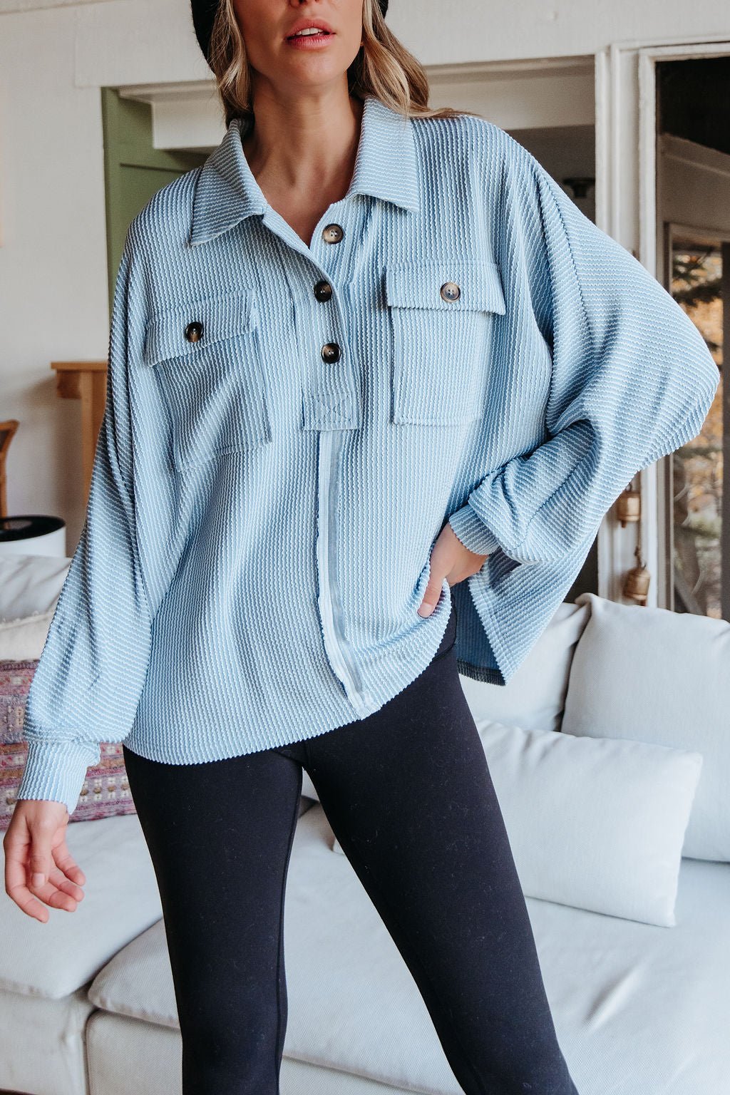 Blue Half Button Up Ribbed Pullover - Magnolia Boutique