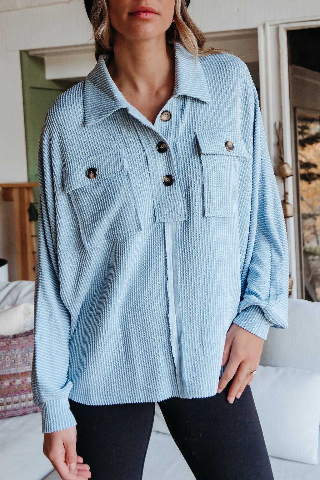 Blue Half Button Up Ribbed Pullover - Magnolia Boutique