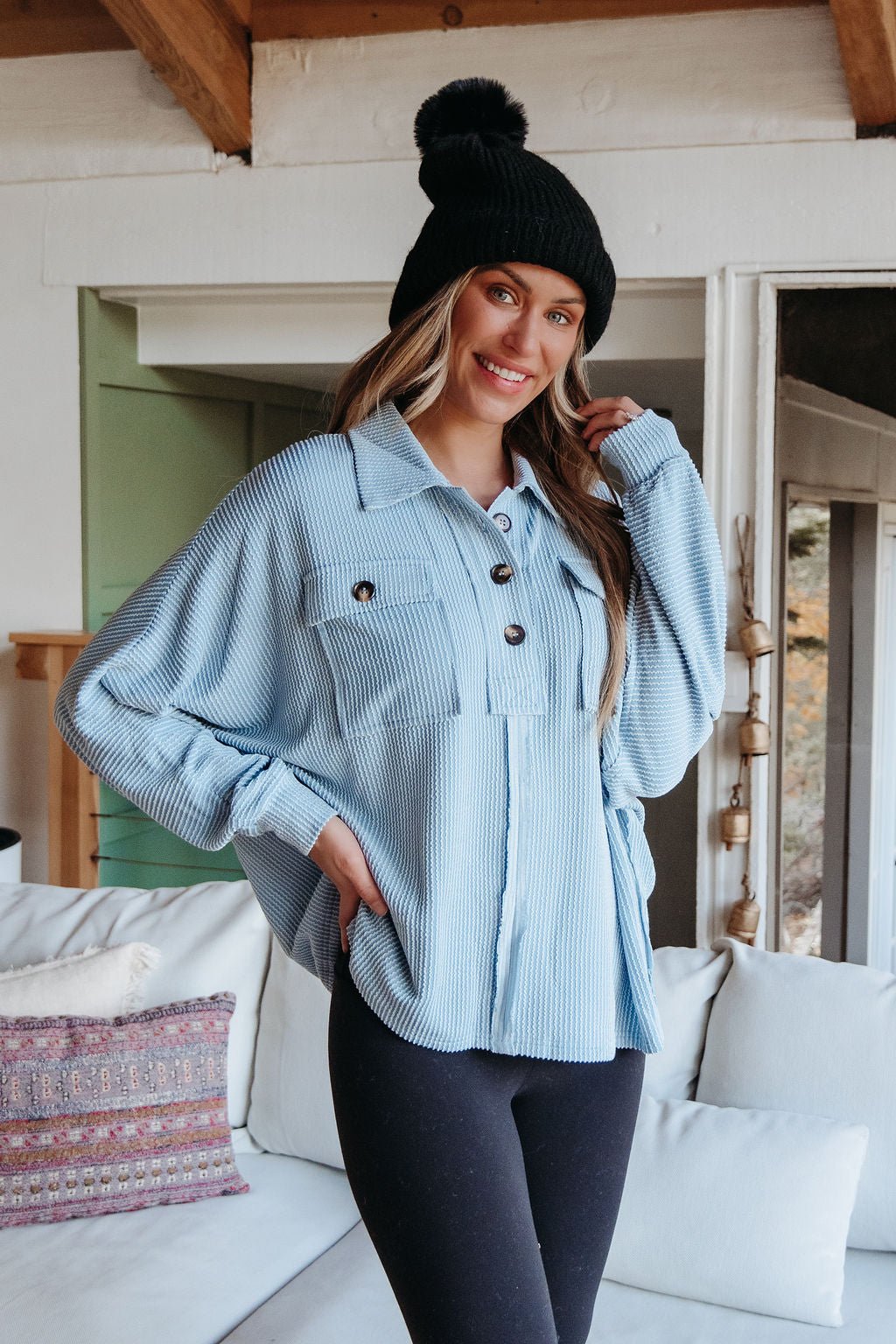 Blue Half Button Up Ribbed Pullover - Magnolia Boutique