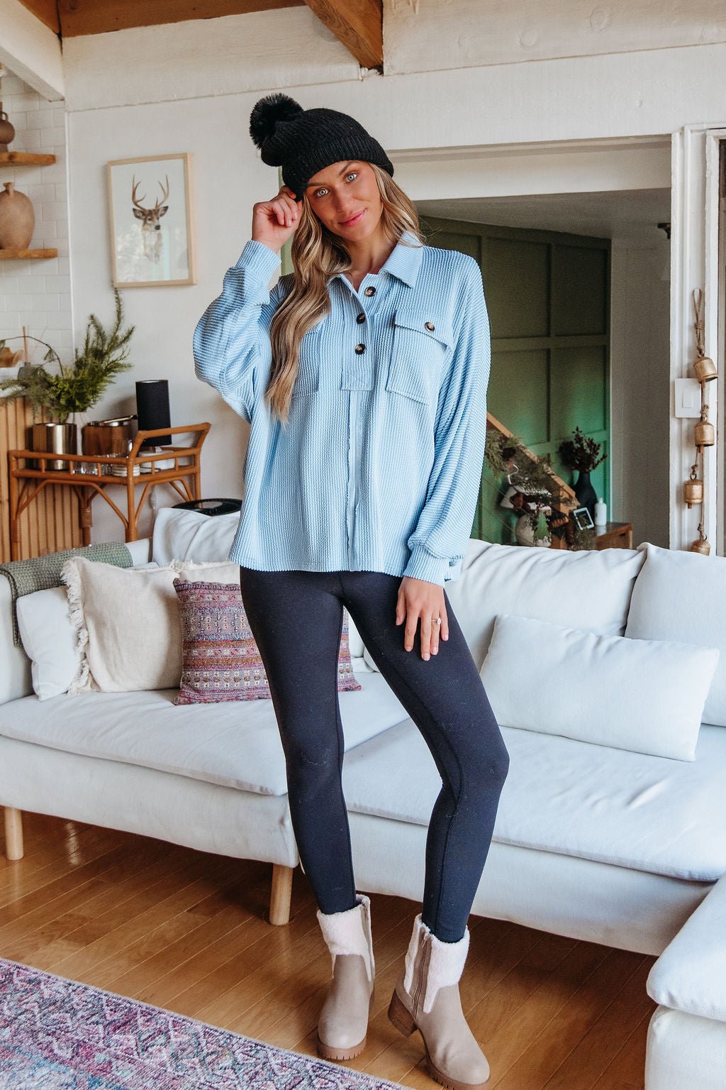 Blue Half Button Up Ribbed Pullover - Magnolia Boutique