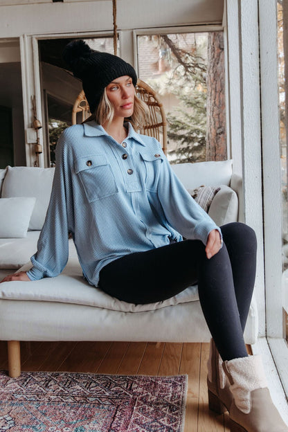 Blue Half Button Up Ribbed Pullover - Magnolia Boutique