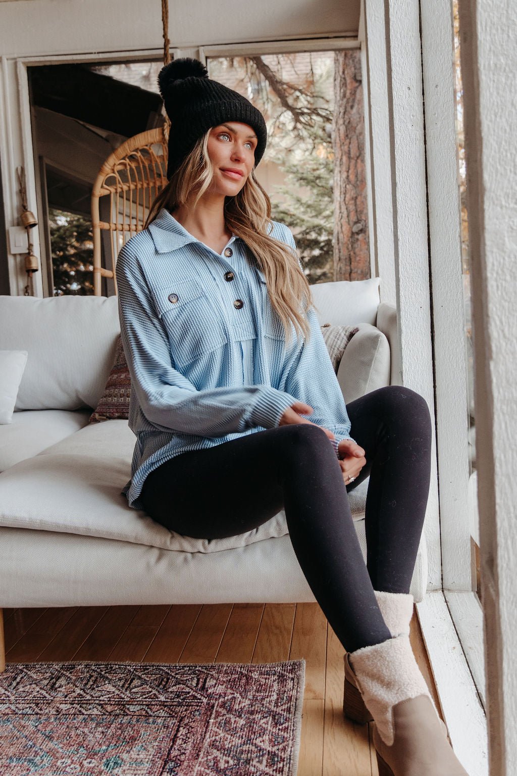 Blue Half Button Up Ribbed Pullover - Magnolia Boutique