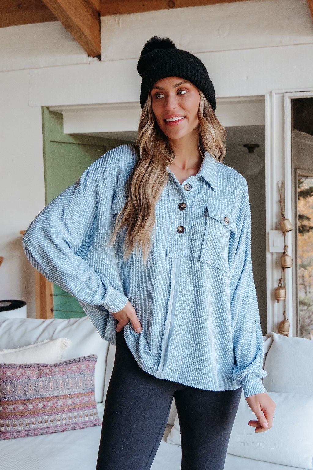 Blue Half Button Up Ribbed Pullover - Magnolia Boutique