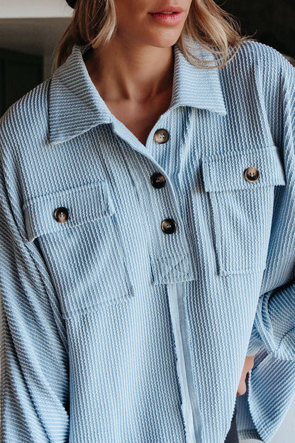 Blue Half Button Up Ribbed Pullover - Magnolia Boutique