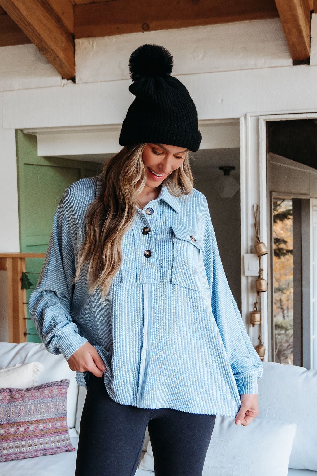 Blue Half Button Up Ribbed Pullover - Magnolia Boutique