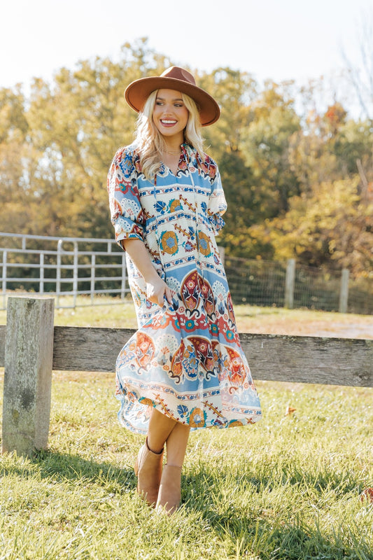 Blue Multi Border Print Midi Dress - Magnolia Boutique