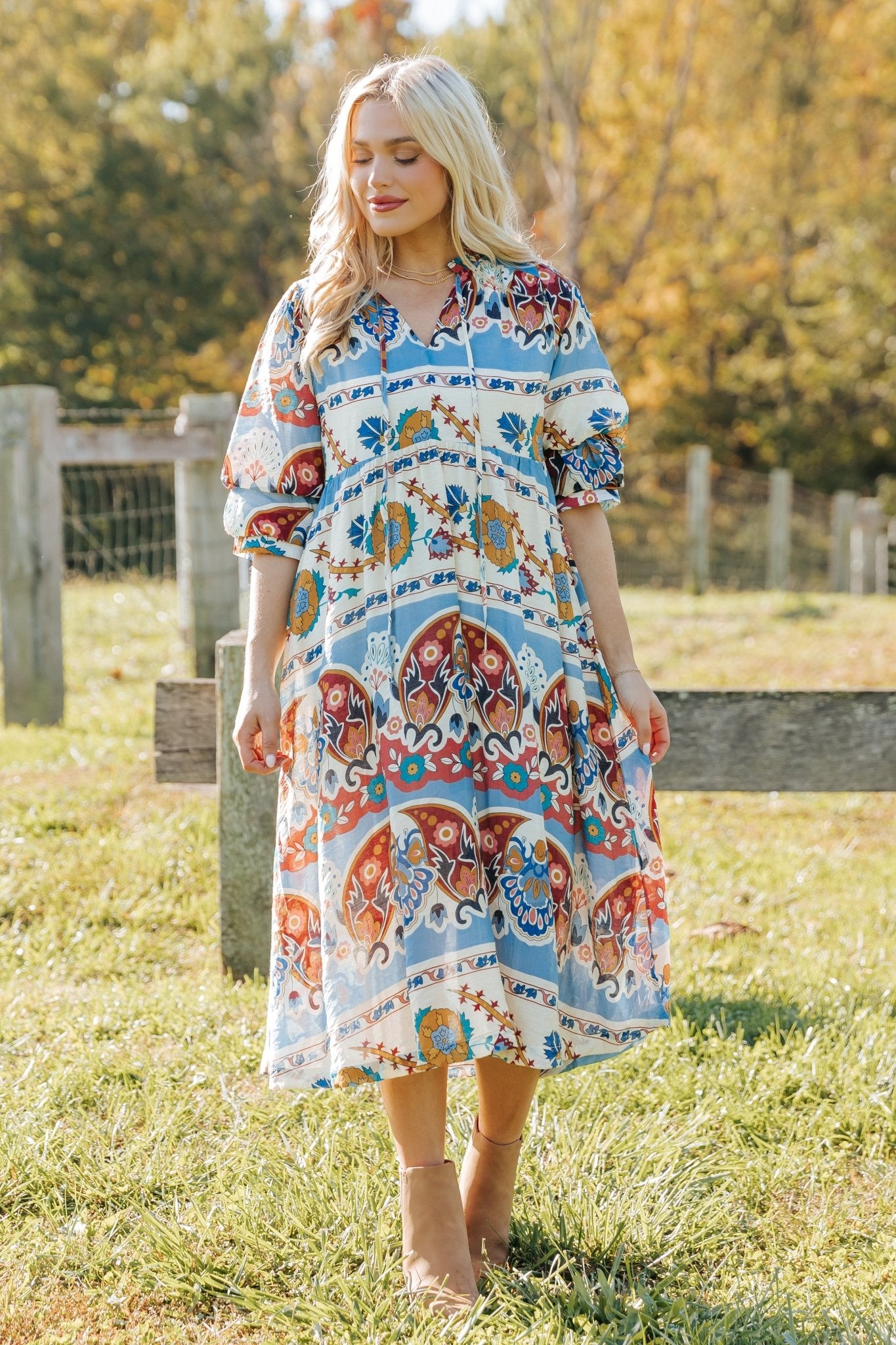 Blue Multi Border Print Midi Dress - Magnolia Boutique