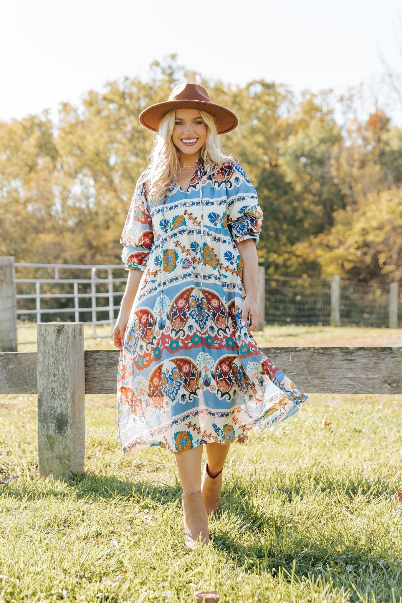 Blue Multi Border Print Midi Dress - Magnolia Boutique