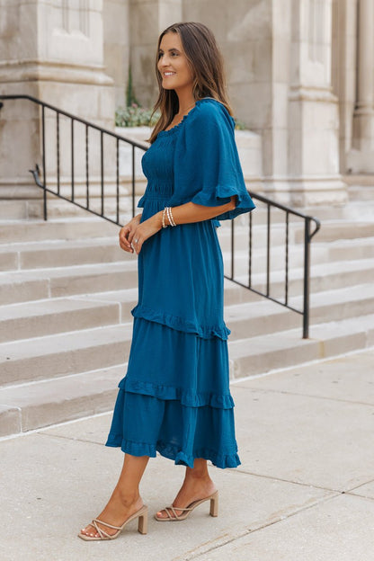 Blue Off The Shoulder Tiered Midi Dress - Magnolia Boutique