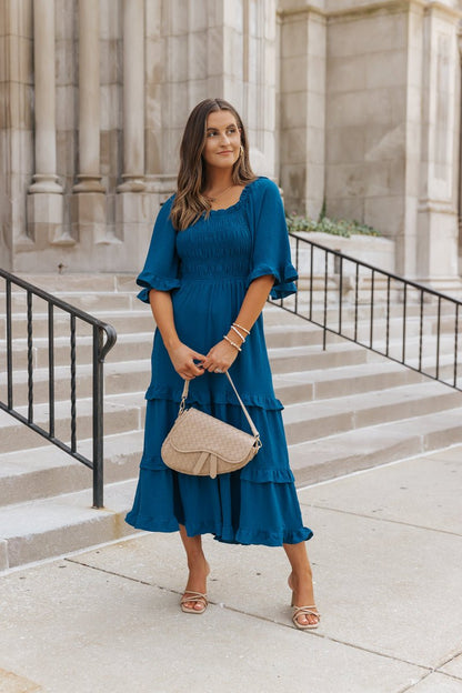 Blue Off The Shoulder Tiered Midi Dress - Magnolia Boutique