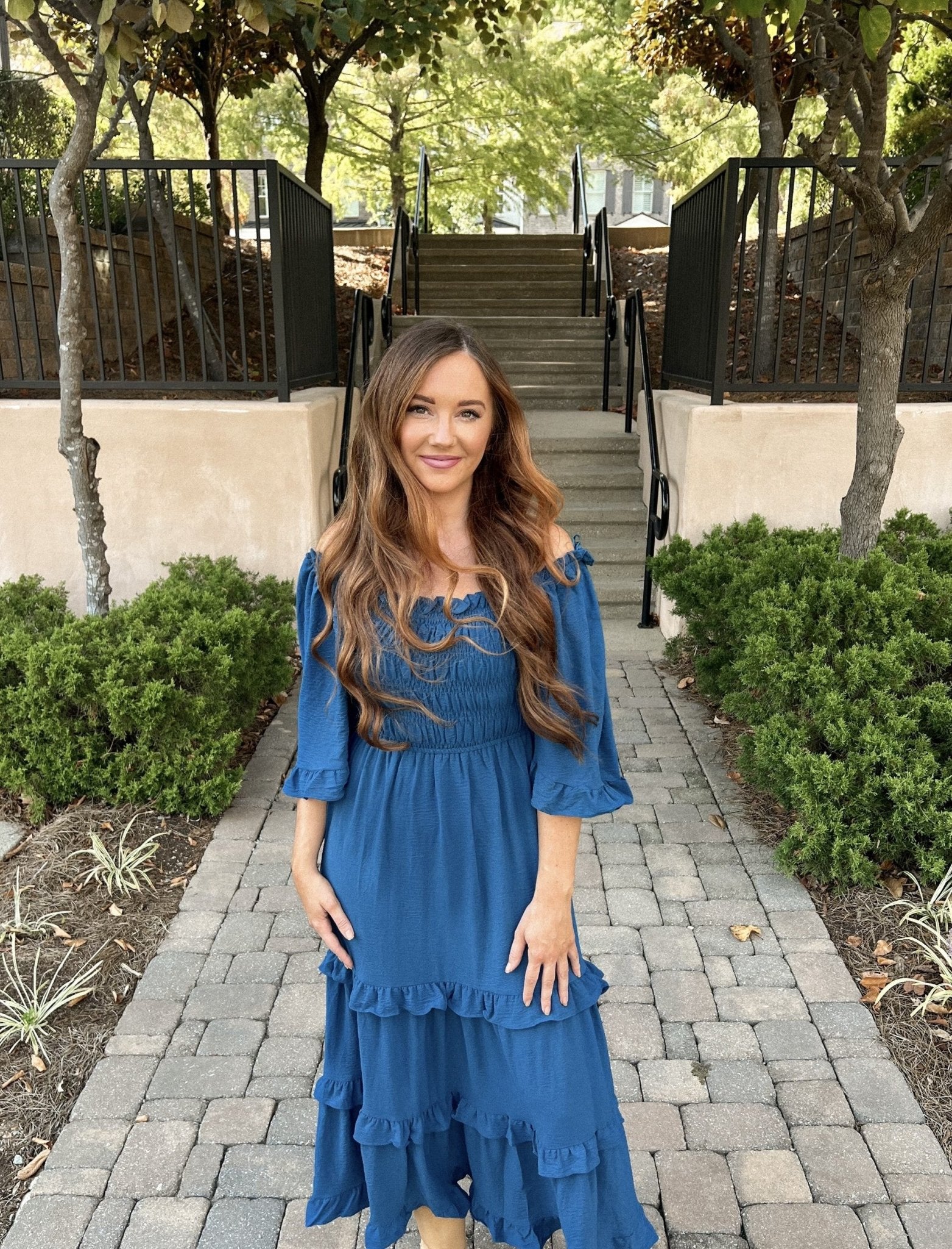 Blue Off The Shoulder Tiered Midi Dress - Magnolia Boutique