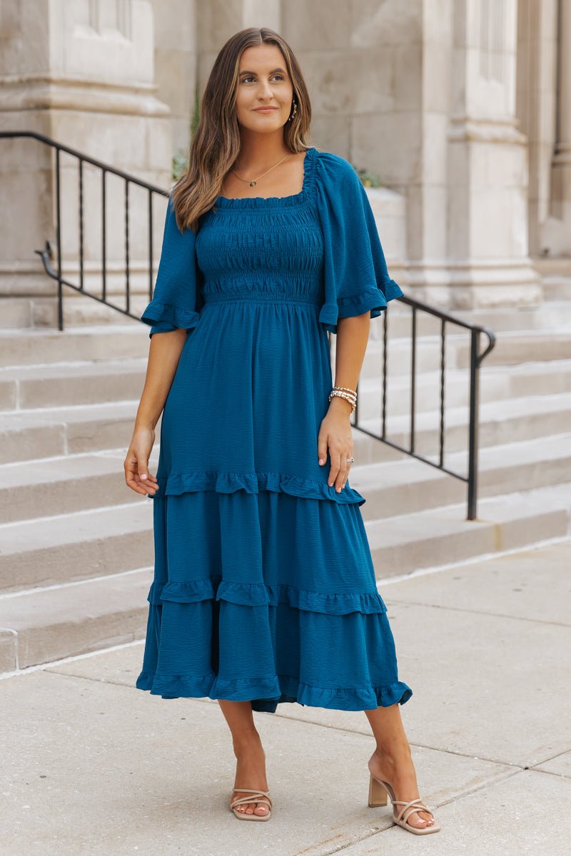 Blue Off The Shoulder Tiered Midi Dress - Magnolia Boutique