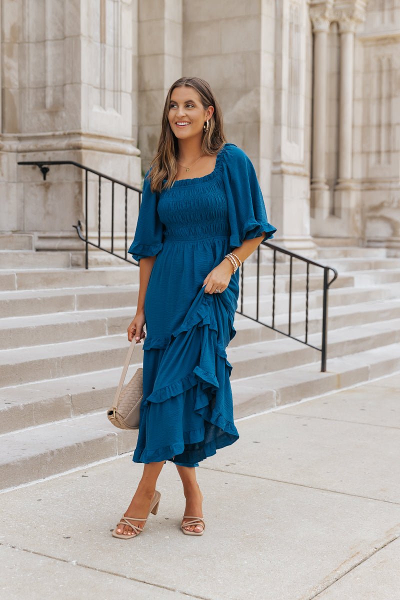 Blue Off The Shoulder Tiered Midi Dress - Magnolia Boutique