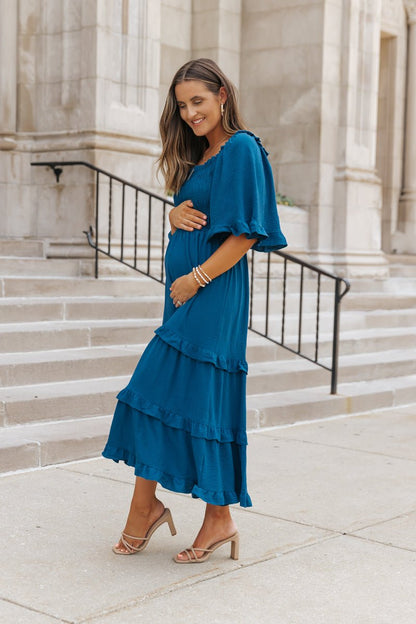 Blue Off The Shoulder Tiered Midi Dress - Magnolia Boutique