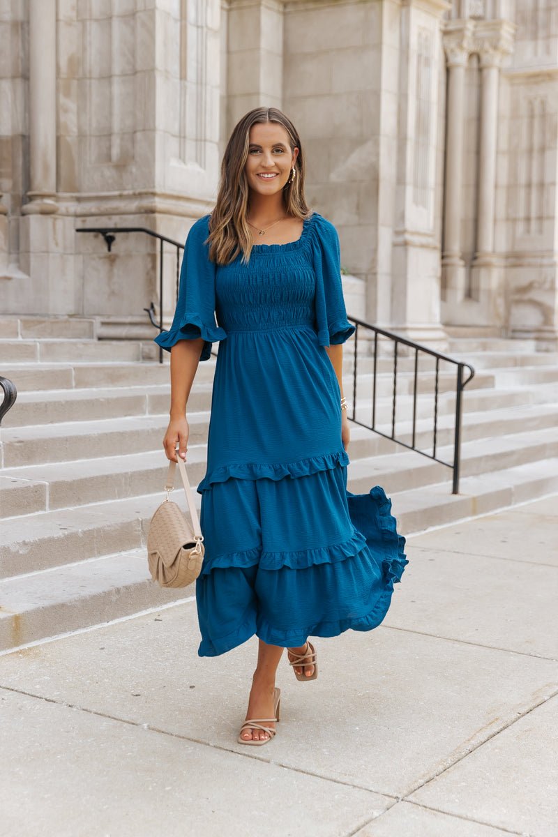 Blue Off The Shoulder Tiered Midi Dress - Magnolia Boutique