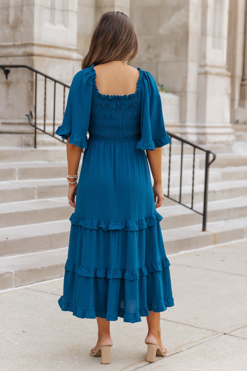 Blue Off The Shoulder Tiered Midi Dress - Magnolia Boutique