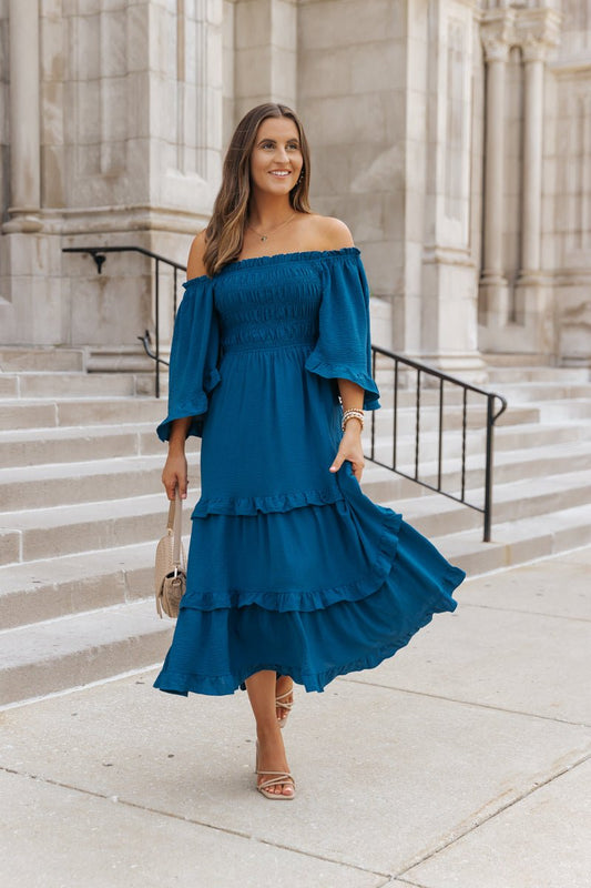 Blue Off The Shoulder Tiered Midi Dress - Magnolia Boutique