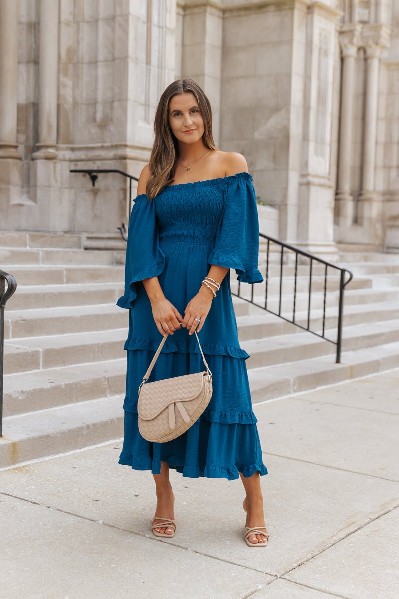 Blue Off The Shoulder Tiered Midi Dress - Magnolia Boutique