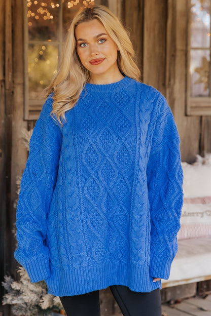 Blue Oversized Cable Knit Sweater - Magnolia Boutique