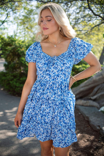 Blue Print Puff Sleeve Tiered Mini Dress - Magnolia Boutique