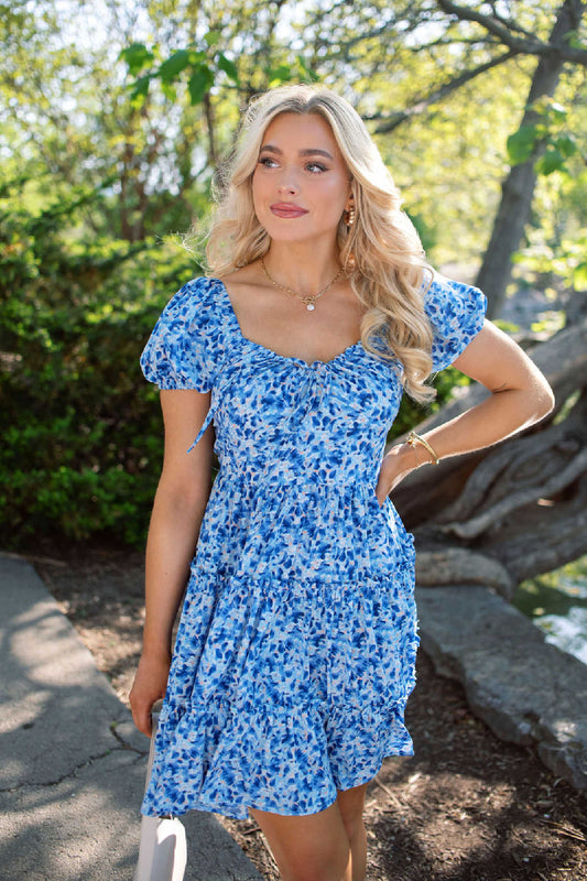 Blue Print Puff Sleeve Tiered Mini Dress - Magnolia Boutique