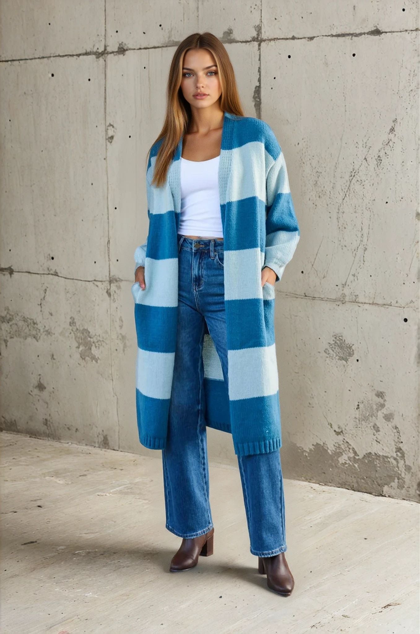 Blue Striped Open Front Duster Cardigan