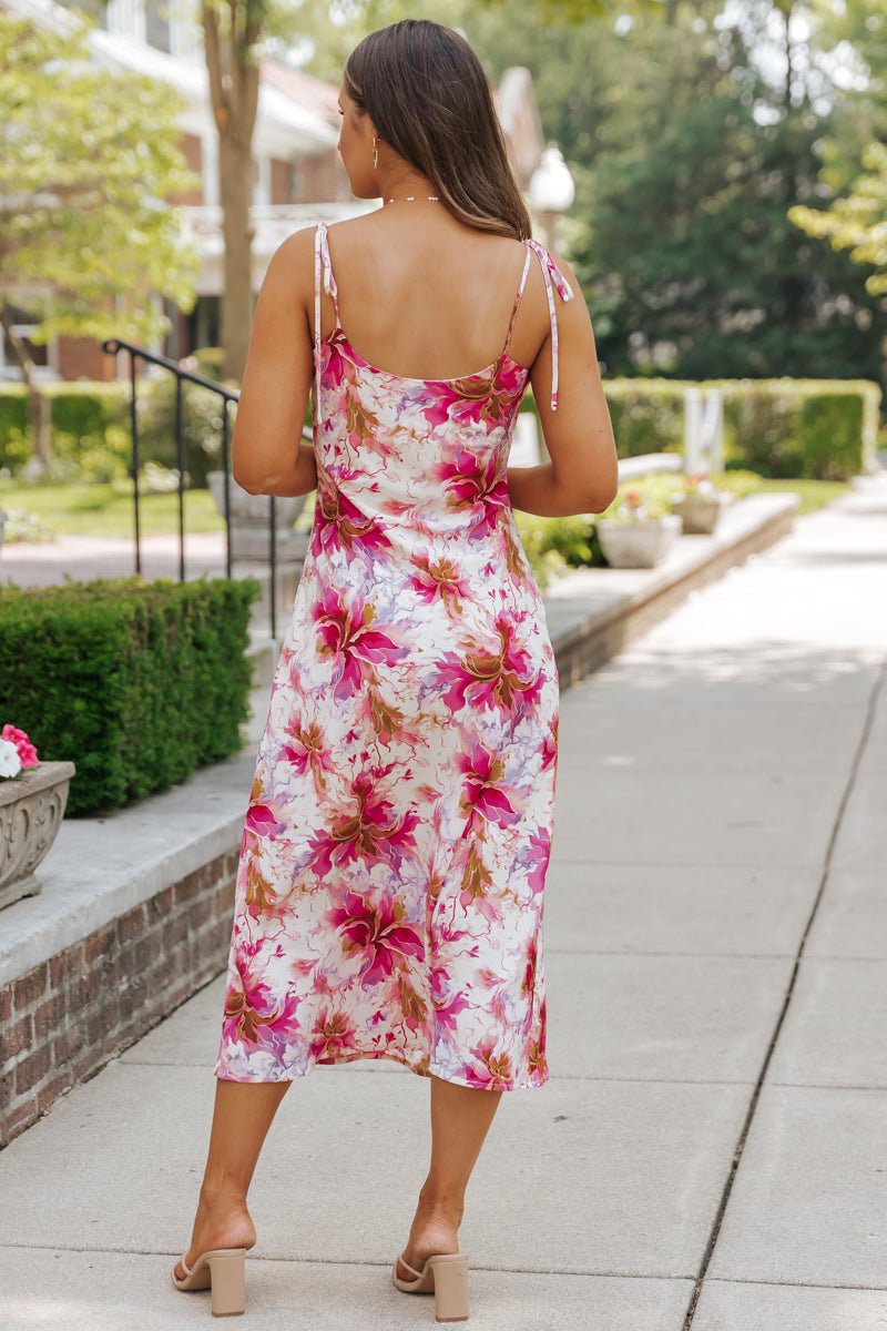 Blush Floral Print Satin Midi Dress - Magnolia Boutique