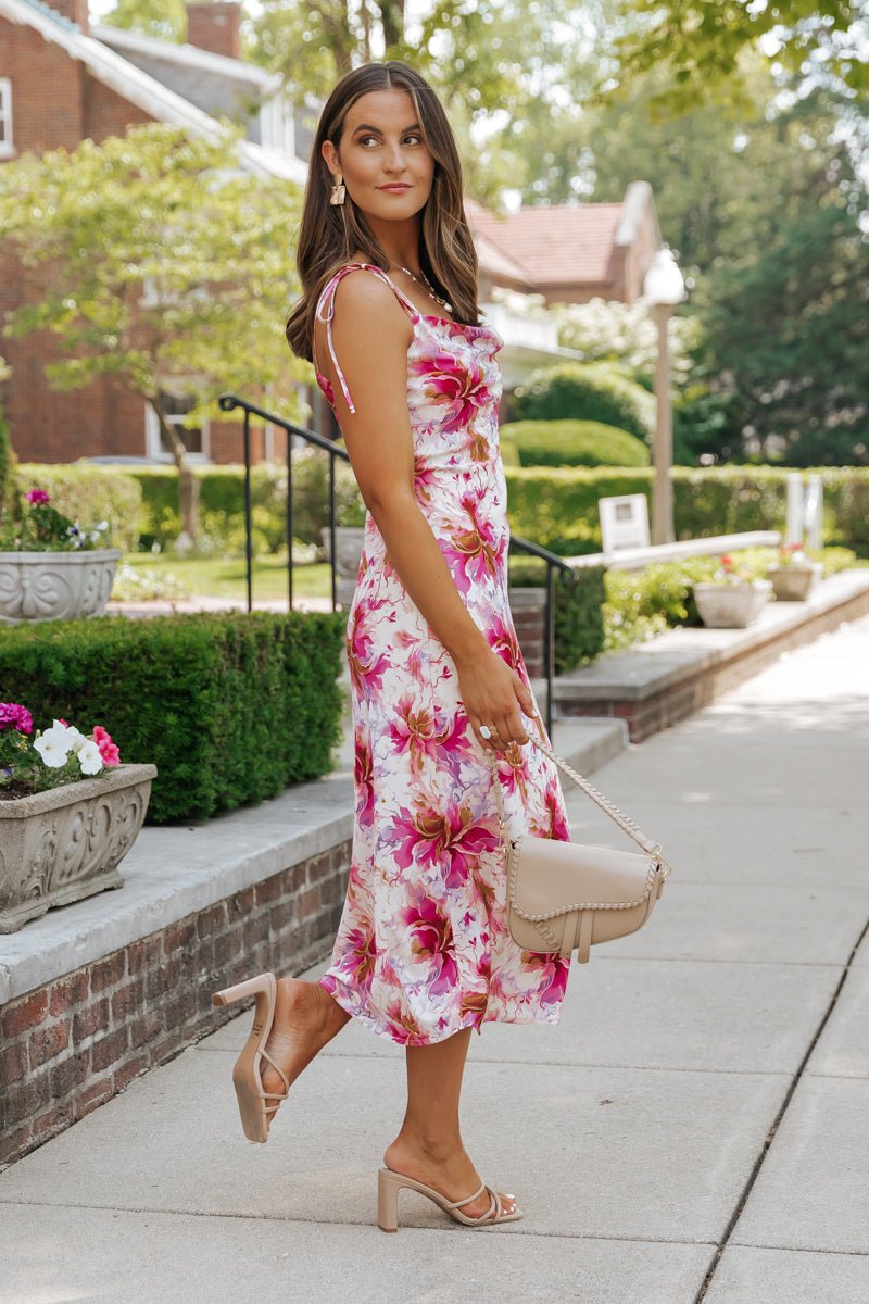 Blush Floral Print Satin Midi Dress - Magnolia Boutique