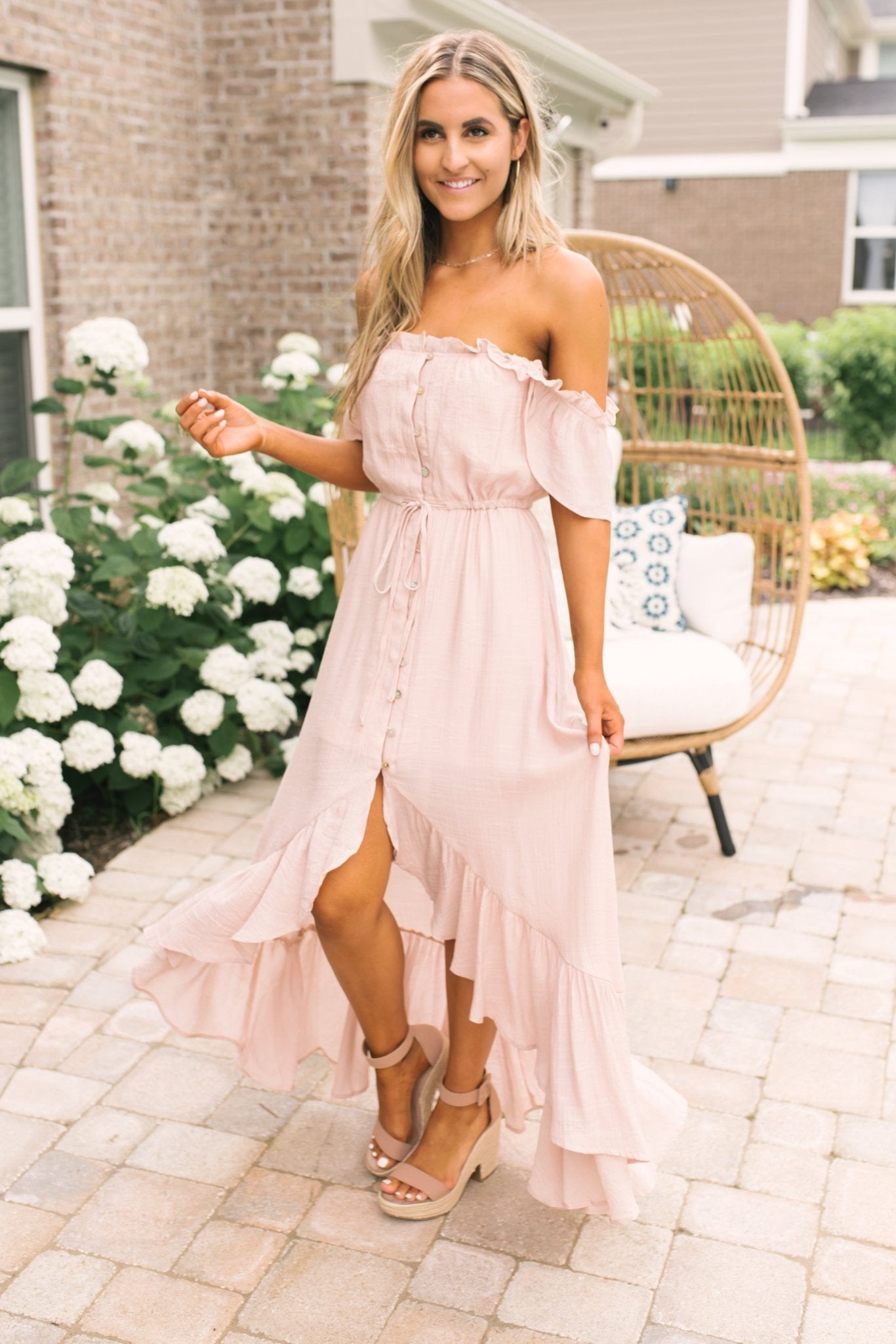 Blush High-Low Off-Shoulder Maxi Dress | Elegant Button-Down Magnolia Boutique Blush High-Low Off-Shoulder Maxi Dress | Elegant Button-Down Magnolia Boutique