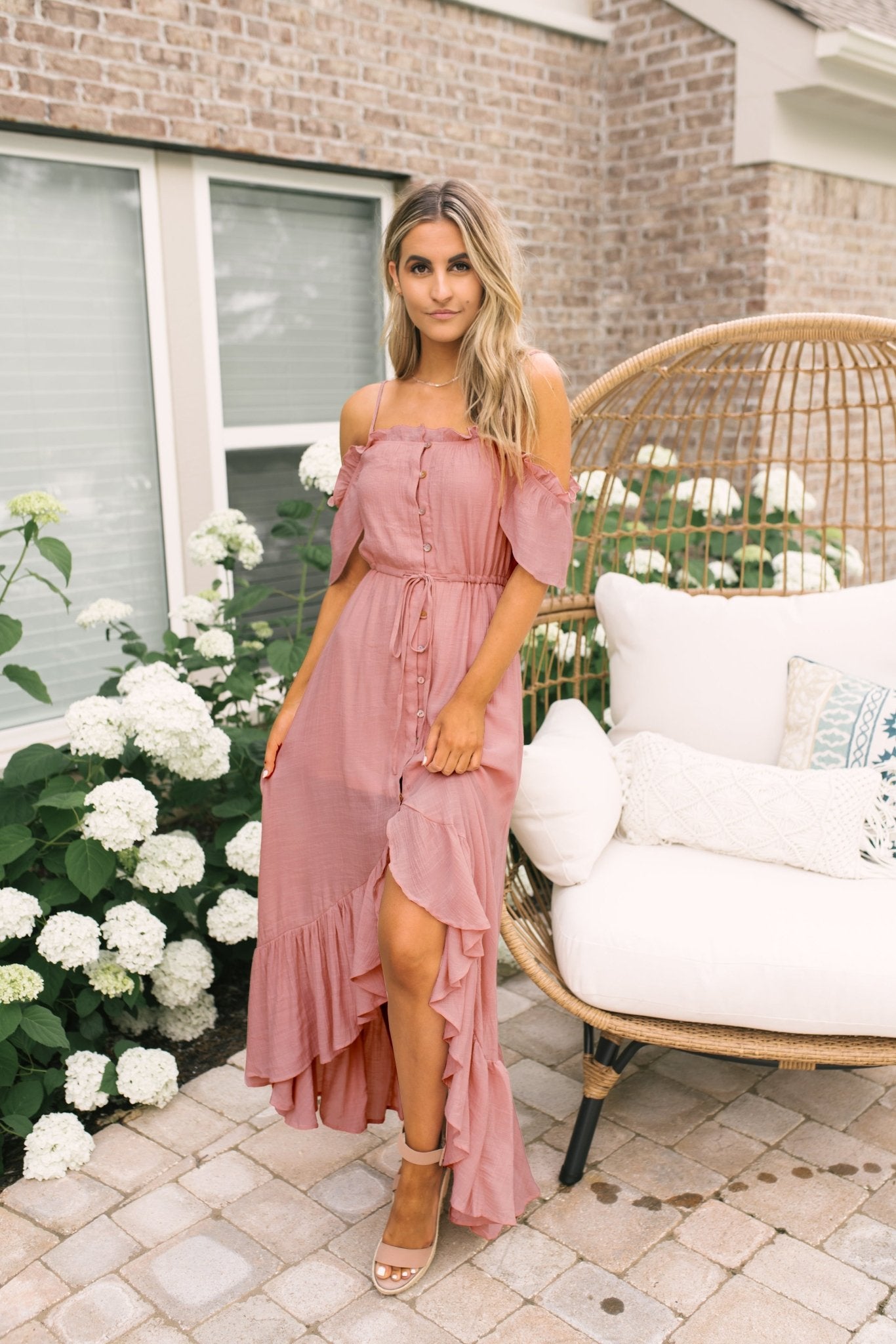 Blush Off the Shoulder Button Down High Low Maxi - Magnolia Boutique