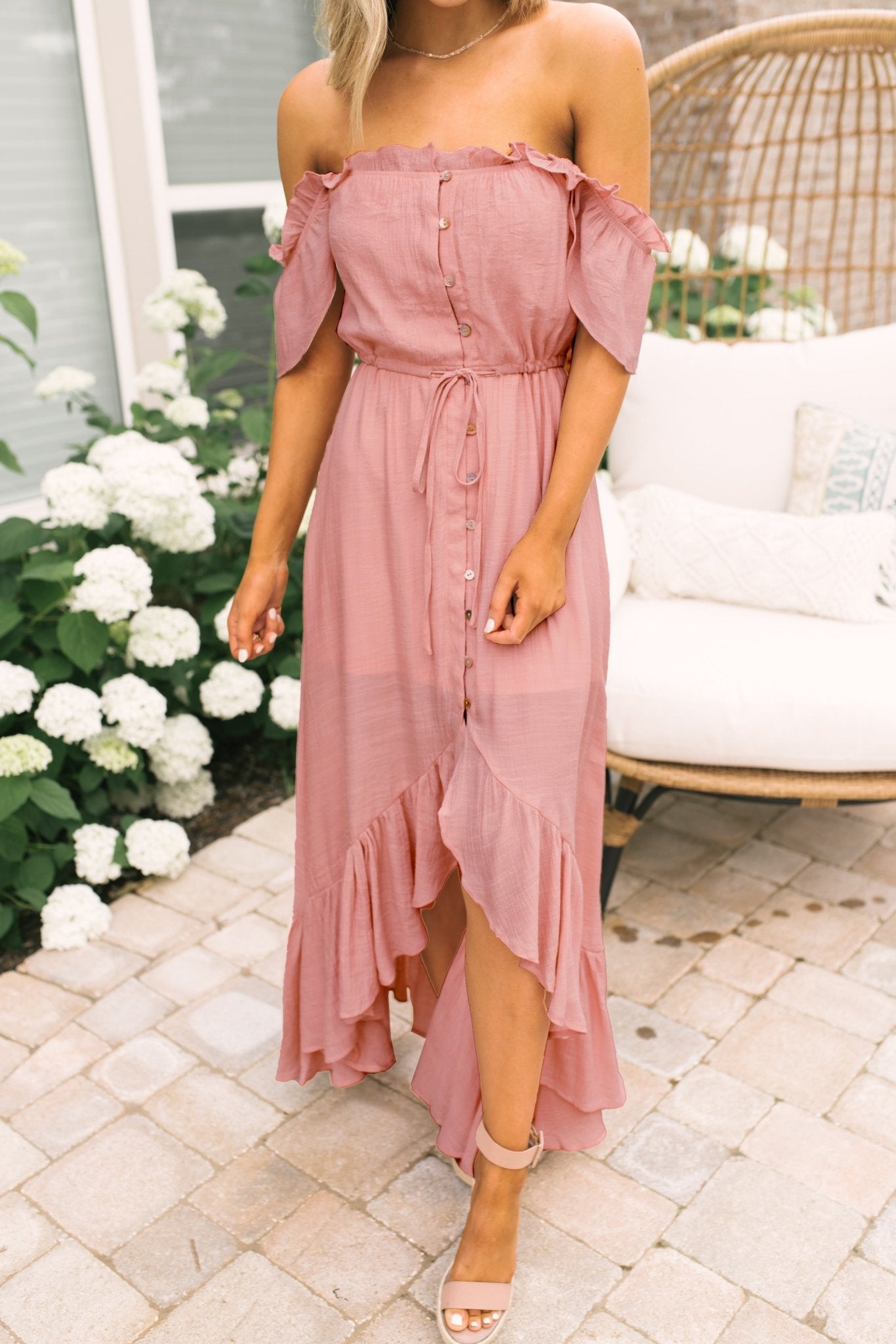 Blush Off the Shoulder Button Down High Low Maxi - Magnolia Boutique