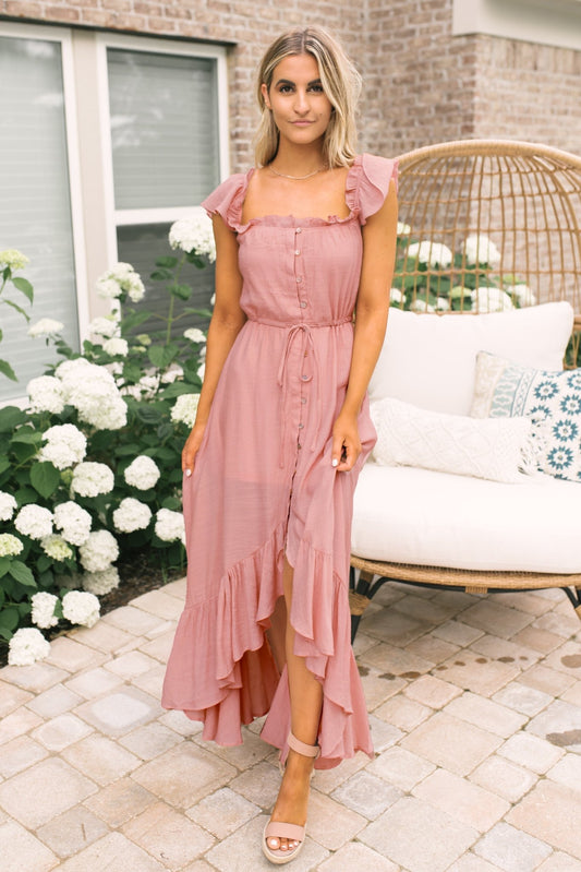 Blush Off the Shoulder Button Down High Low Maxi - Magnolia Boutique