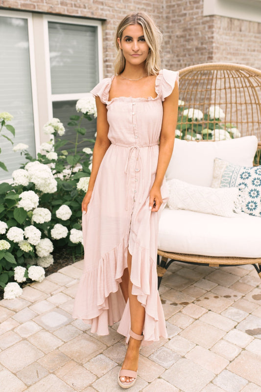 Blush Off the Shoulder Button Down High Low Maxi - Magnolia Boutique