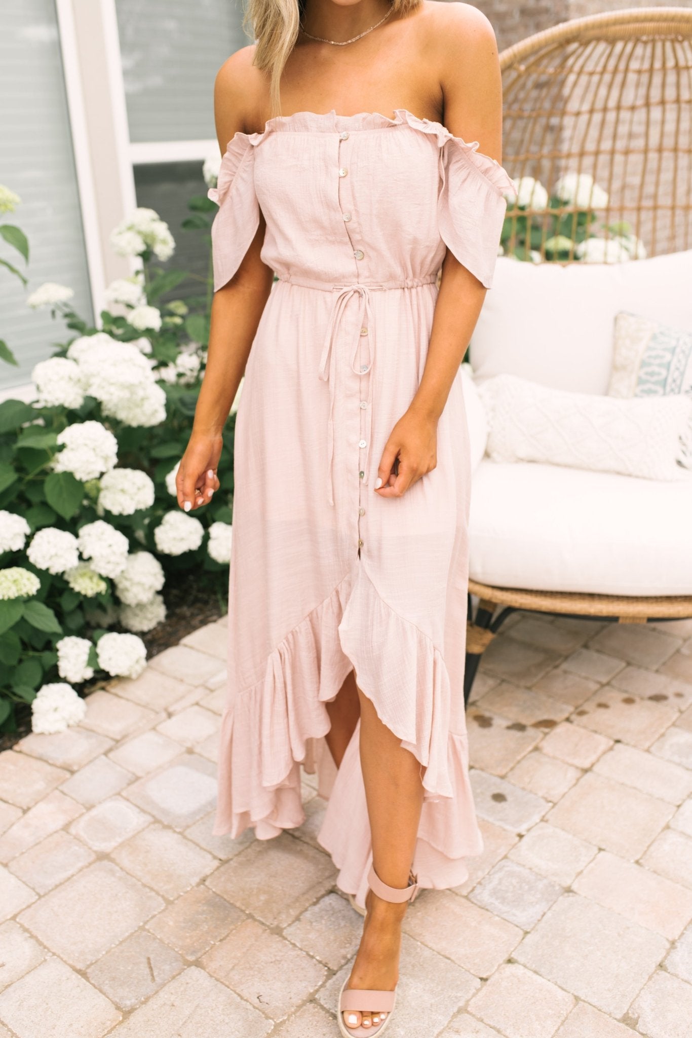 Blush Off the Shoulder Button Down High Low Maxi