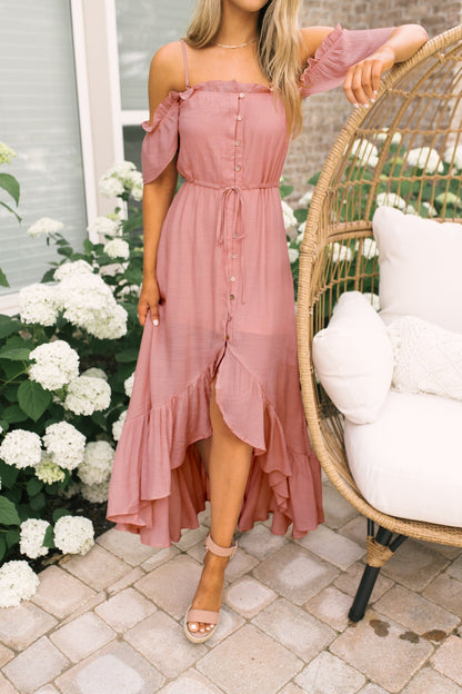 Blush Off the Shoulder Button Down High Low Maxi - Magnolia Boutique