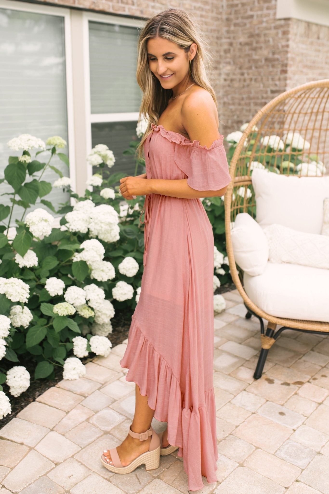 Blush Off the Shoulder Button Down High Low Maxi - Magnolia Boutique