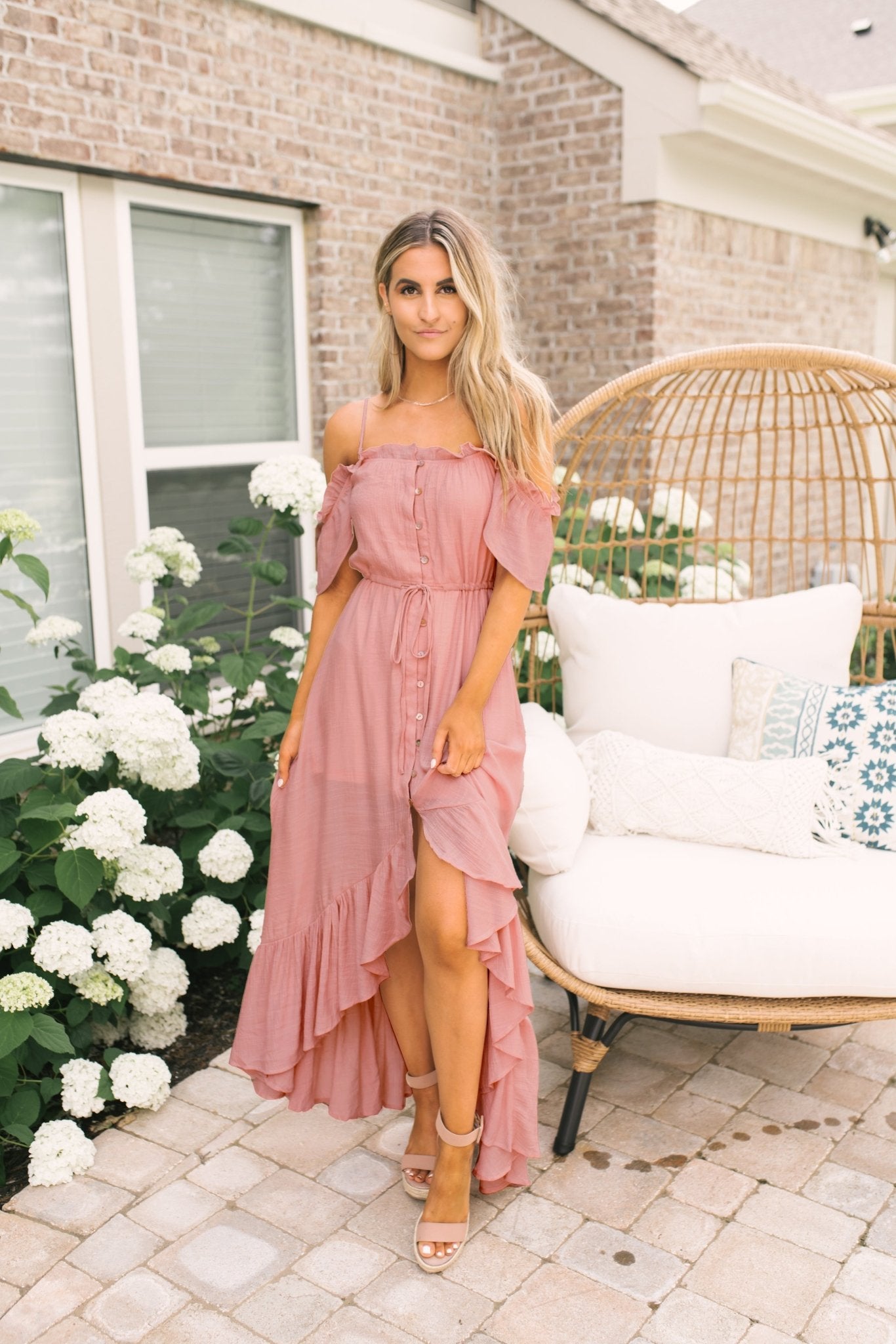 Blush Off the Shoulder Button Down High Low Maxi - Magnolia Boutique