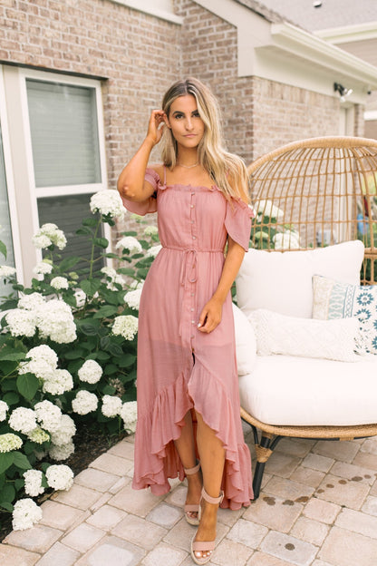 Blush Off the Shoulder Button Down High Low Maxi - Magnolia Boutique