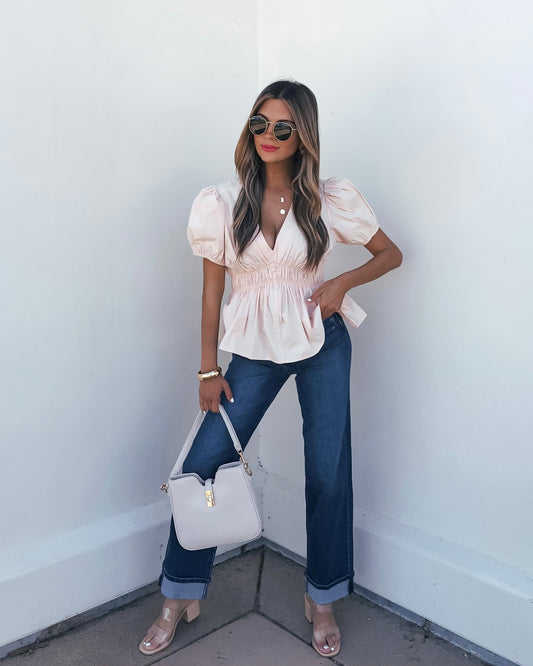 Blush Puff Sleeve Peplum Top
