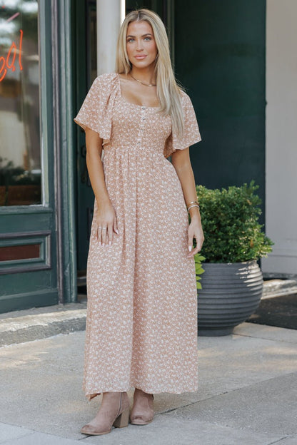 Boho Print Smocked Maxi Dress - Clay - Magnolia Boutique