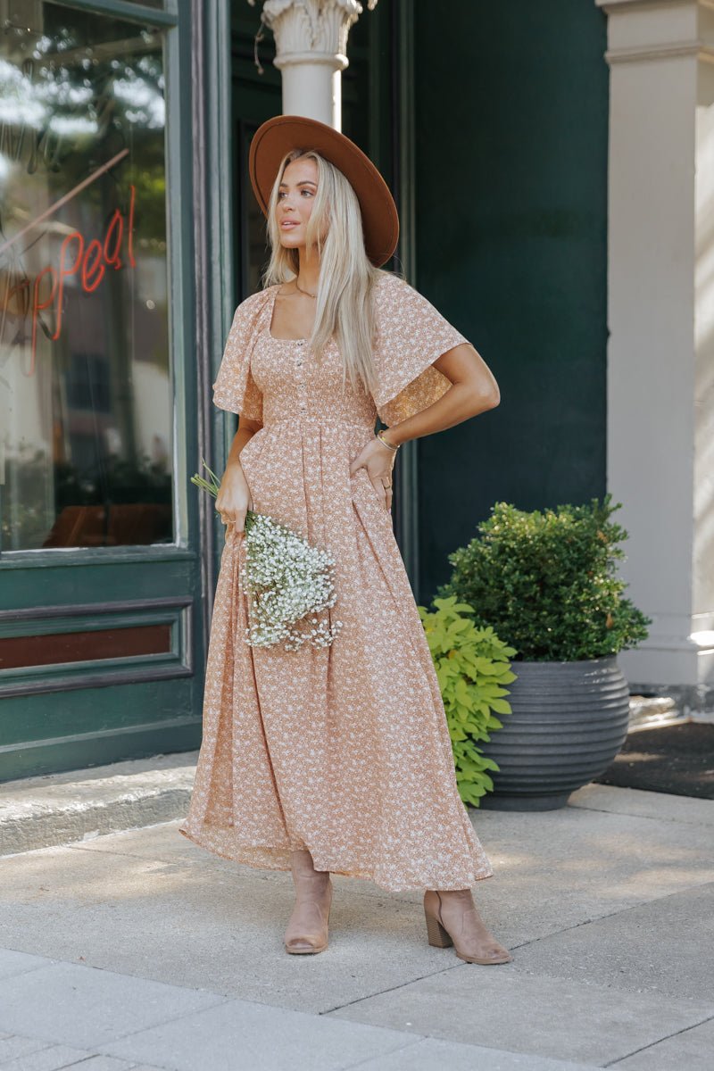 Boho Print Smocked Maxi Dress - Clay - Magnolia Boutique